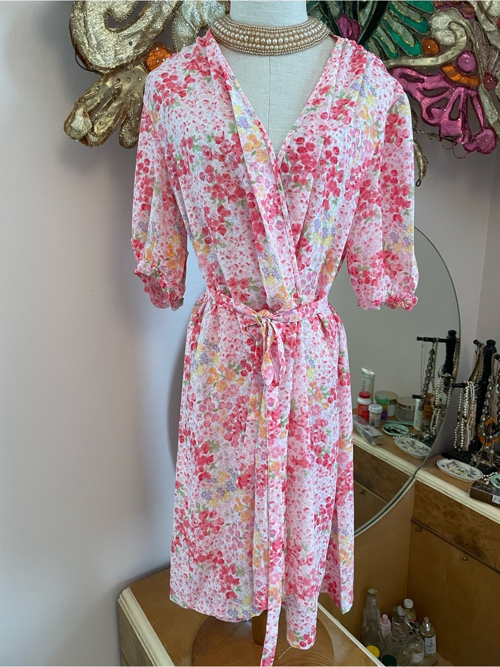 Oscar de la Renta Sheer Pink Floral Wrap Robe w Puffed Embellished Sleeves Med